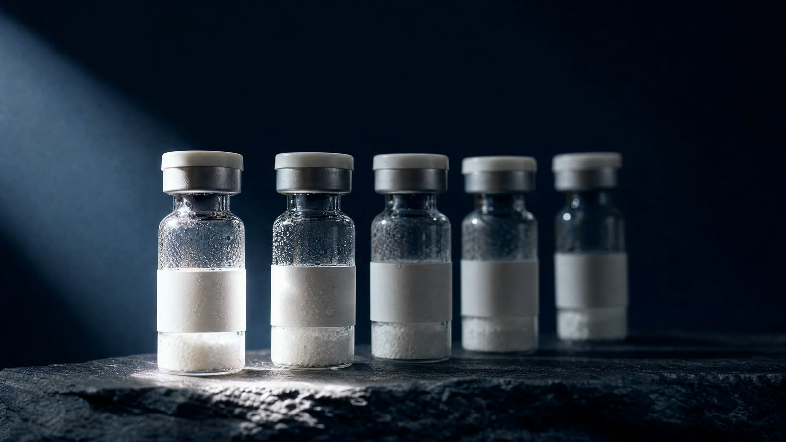 A row of compounding vials on dark stone